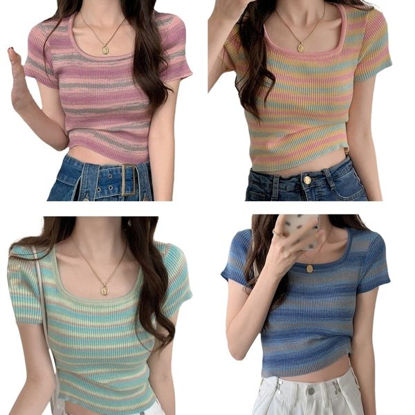 women's t-shirt women summer short sleeve square neck crop ribbed knitted contrast colored striped t-shirt casual slim fitted basic tee, White
women's t-shirt women summer short sleeve square neck crop ribbed knitted contrast colored striped t-shirt casual slim fitted basic tee, White