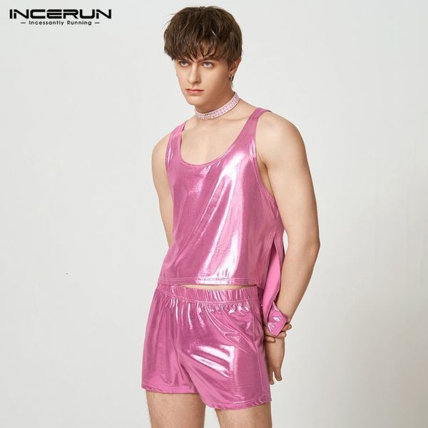 men's sleepwear incerun men pajamas sets homewear oneck sleeveless tank shorts 2pcs solid shiny irregular men sleepwear suits s5xl 230, Black;brown
men's sleepwear incerun men pajamas sets homewear oneck sleeveless tank shorts 2pcs solid shiny irregular men sleepwear suits s5xl 230, Black;brown