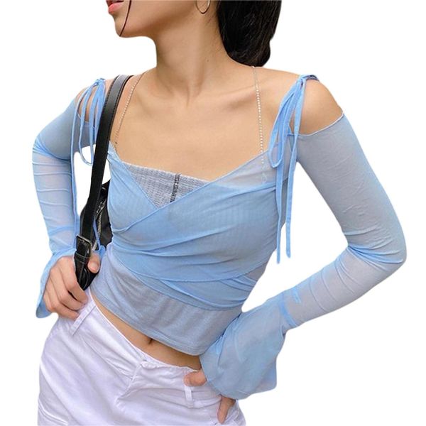 t-shirt tie up flare long sleeve mesh yarn crop women off shoulder v neck solid bandage tshirt streetwear exposed navel tee, White
t-shirt tie up flare long sleeve mesh yarn crop women off shoulder v neck solid bandage tshirt streetwear exposed navel tee, White