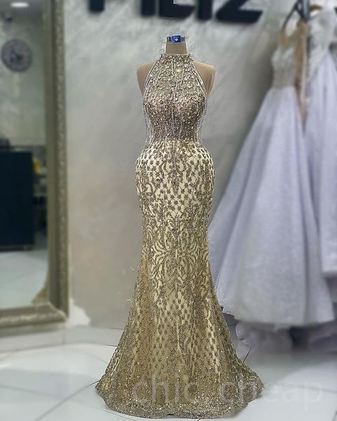 

Aso Ebi 2023 Arabic Gold Mermaid Prom Dress Crystals Beaded Sexy Evening Formal Party Second Reception Birthday Engagement Gowns Dresses Robe de Soiree SH035, Champagne