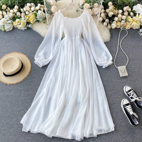 

Casual Dresses Women' A Line Dress White Long Sleeve Solid Color Ruffle Patchwork Chiffon Spring Summer Off the Neck Elegant