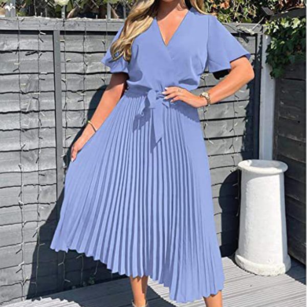 casual dresses fashion ladies short sleeve ruffle v-neck lace-up dress elegant women solid summer dress casual office loose pleated hem dres, Black;gray
casual dresses fashion ladies short sleeve ruffle v-neck lace-up dress elegant women solid summer dress casual office loose pleated hem dres, Black;gray