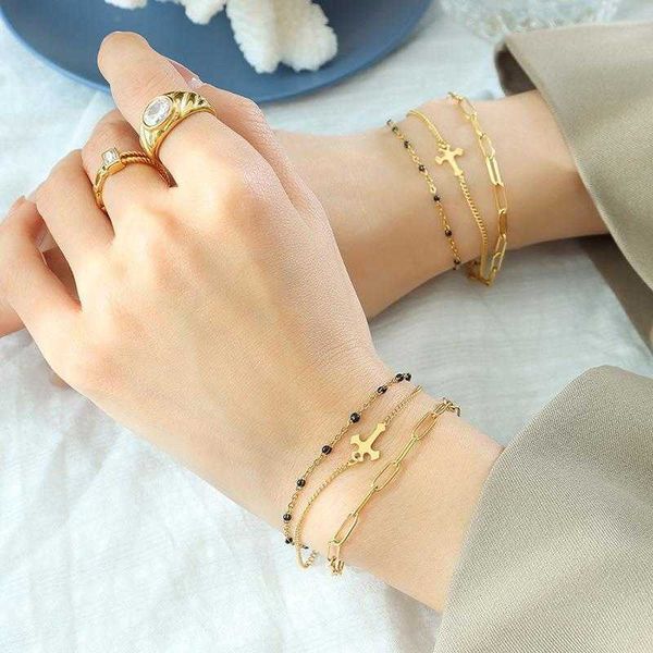 ins style niche hip charm hop punk three layer twin cross bracelet titanium steel plated real gold ornament, Golden;silver
ins style niche hip charm hop punk three layer twin cross bracelet titanium steel plated real gold ornament, Golden;silver