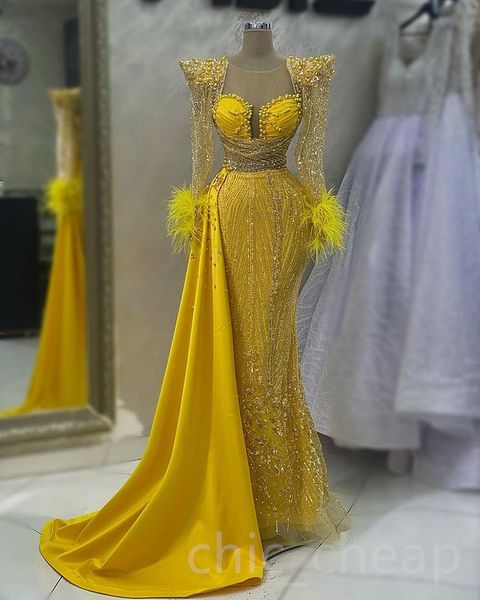 

Aso Ebi 2023 Arabic Yellow Mermaid Prom Dress Pearls Crystals Sexy Evening Formal Party Second Reception Birthday Engagement Gowns Dresses Robe de Soiree SH044, Water melon