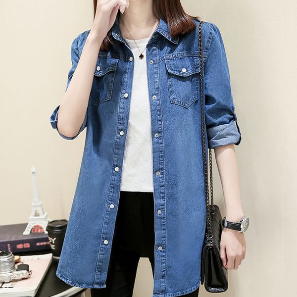 women's blouses shirts classic solid long sleeve mid-length denim shirt for women cuff blue slim blouse office work lady spring jean co, White
women's blouses shirts classic solid long sleeve mid-length denim shirt for women cuff blue slim blouse office work lady spring jean co, White