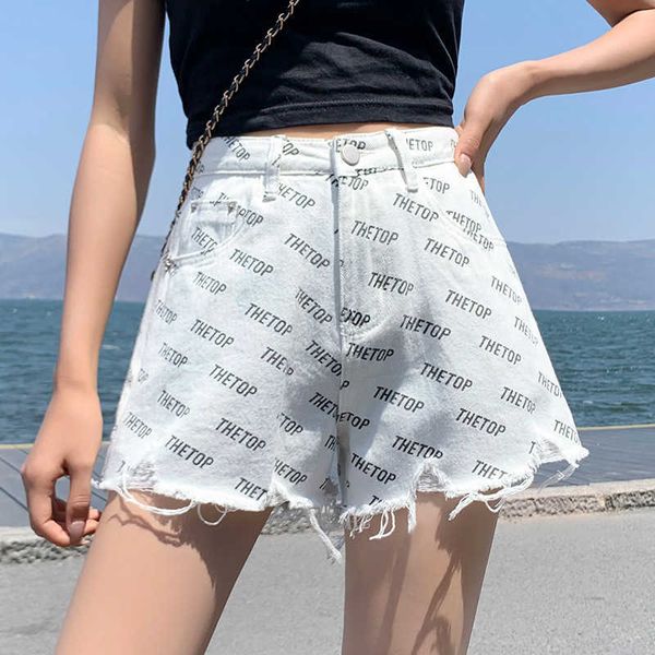 letter printed black white denim shorts for women's summer korean versions high waisted thin holes and wide legs with fur edges pants t, White;black
letter printed black white denim shorts for women's summer korean versions high waisted thin holes and wide legs with fur edges pants t, White;black