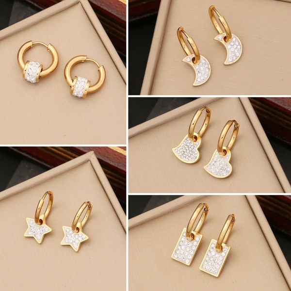 

Full Diamond Heart Star Moon Charm Earring 18K Gold Plated Stainless Steel Earrings Jewelry for Women Gift