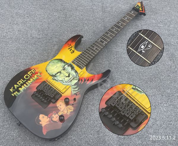 electric guitar rosewood fingerboard eye inlay black floyd rose style tremolo hand drawing on body hh pickups
electric guitar rosewood fingerboard eye inlay black floyd rose style tremolo hand drawing on body hh pickups