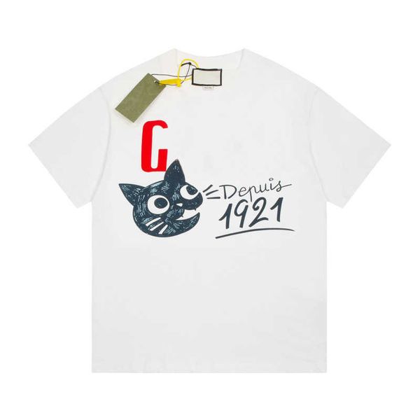 women's t-shirt new designer quality high street cotton cat print pattern niche design sense loose short-sleeved, White