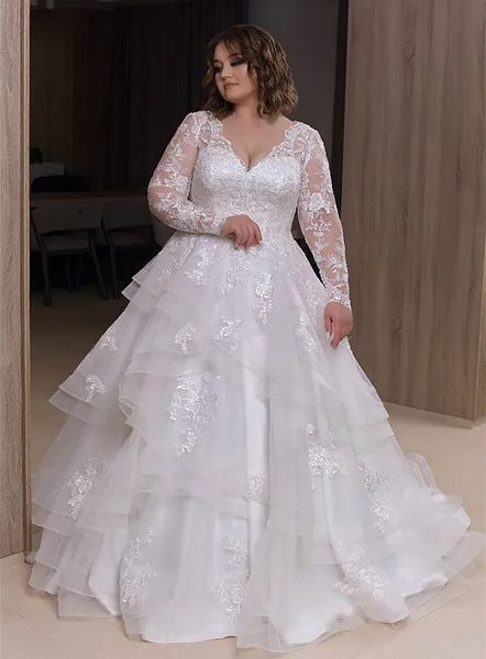 v neck plus size white wedding dress long sleeves a line tulle bridal gowns ruched tiers lace appliques lace-up backless vestido de novia ro
v neck plus size white wedding dress long sleeves a line tulle bridal gowns ruched tiers lace appliques lace-up backless vestido de novia ro