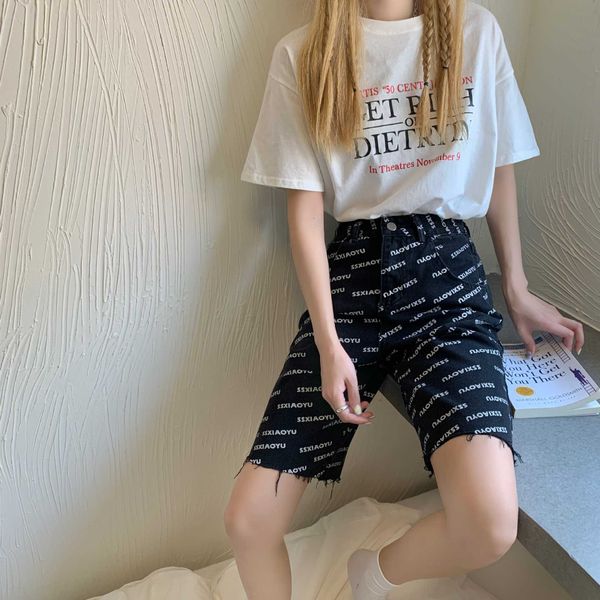 printed letter denim capris women's high waisted loose fitting shorts, White;black
printed letter denim capris women's high waisted loose fitting shorts, White;black
