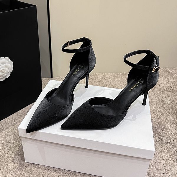 korean summer new women's sandals slim heels, pointed toe, one line buckle, fashion baotou, versatile, simple hollow high heels, Black
korean summer new women's sandals slim heels, pointed toe, one line buckle, fashion baotou, versatile, simple hollow high heels, Black