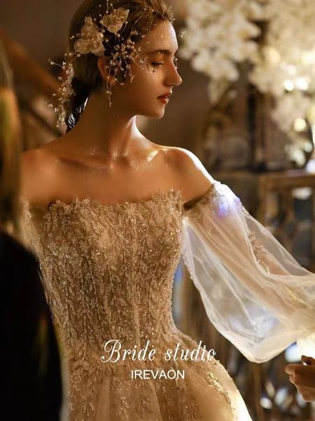 light champagne wedding dress bridal sleeves detachable sweetheart tulle appliques sequins off shoulder lace up bride gowns, White
light champagne wedding dress bridal sleeves detachable sweetheart tulle appliques sequins off shoulder lace up bride gowns, White
