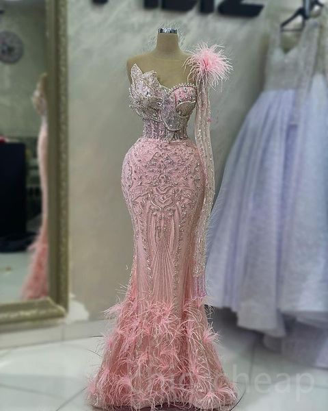 

Aso Ebi 2023 Arabic Pink Mermaid Prom Dress Beaded Crystals Feather Evening Formal Party Second Reception Birthday Engagement Gowns Dresses Robe de Soiree SH045, Fuchsia