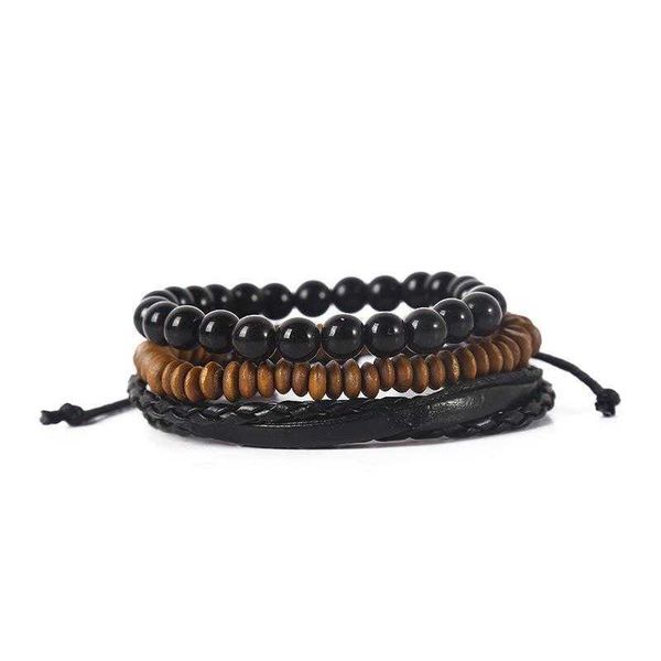 three piece set diy strand bracelet vintage genuine leather wooden bead mens jewelry ornament wholesale, Black
three piece set diy strand bracelet vintage genuine leather wooden bead mens jewelry ornament wholesale, Black
