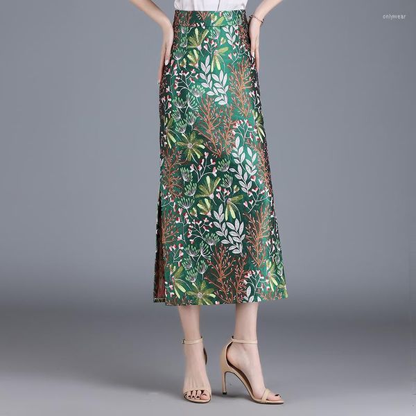 Skirts ZUZK Women Elegant Fashion Embroider Slit Bodycon Skirt Female High Waist Qipao Style Chic Slim Long Pencil -4XL, Green