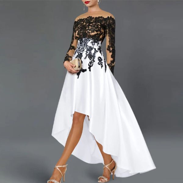 elegant white and black high low mother's dresses for wedding sheer neck long sleeve evening party gowns, Black;red
elegant white and black high low mother's dresses for wedding sheer neck long sleeve evening party gowns, Black;red