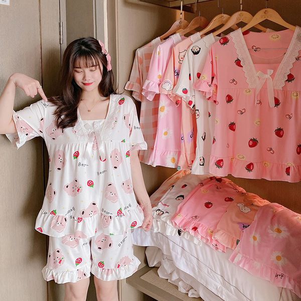 women's sleepwear short sleeve ladies pajamas comfortable women summer pajama sets printed cotton lace sleepwear pyjamas young girl sty, Black;red
women's sleepwear short sleeve ladies pajamas comfortable women summer pajama sets printed cotton lace sleepwear pyjamas young girl sty, Black;red