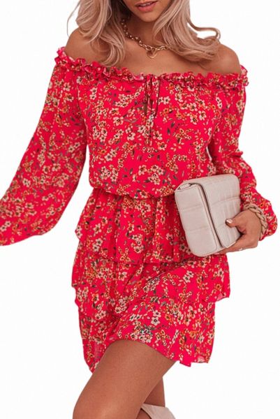red frilled neckline tiered ruffled floral dress f4zx#, Black;pink