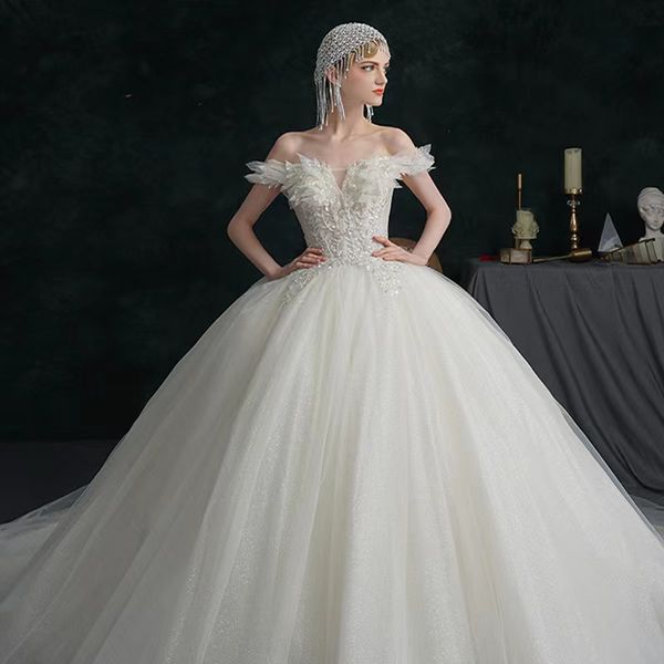 luxury wedding dresses boat neck beaded sequin off the shoulder lace up back princess saudi arabia princess chapel bridal gown, White
luxury wedding dresses boat neck beaded sequin off the shoulder lace up back princess saudi arabia princess chapel bridal gown, White