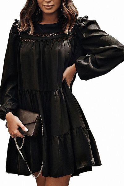black crewneck lantern sleeve hollow-out tiered dress with pocket o09k#, Black;pink