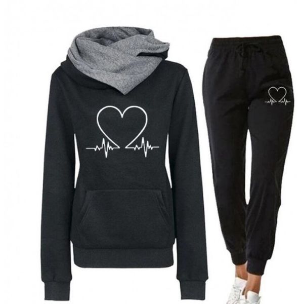 autumn winter women's tracksuits heart rate printed hoodie sweatshirt suit, Gray 
autumn winter women's tracksuits heart rate printed hoodie sweatshirt suit, Gray