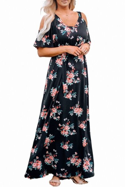 black cold shoulder high waist floral dress with belt 40li#, Black;pink