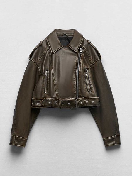 women vintage loose pu faux leather short jacket with belt streetwear female zipper retro moto biker coat outwear, Black
women vintage loose pu faux leather short jacket with belt streetwear female zipper retro moto biker coat outwear, Black