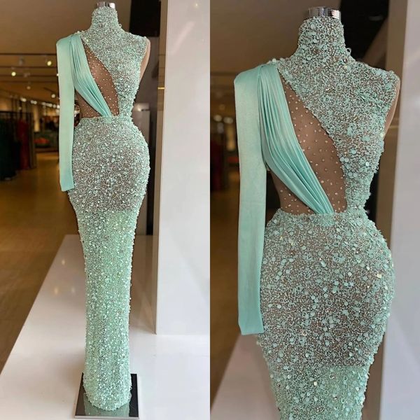 mint green prom dresses high neck one sleeve sequins beads party evening dress sheath pleats long special occasion dress, Black
mint green prom dresses high neck one sleeve sequins beads party evening dress sheath pleats long special occasion dress, Black