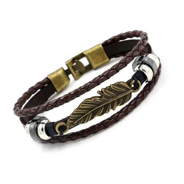 cattle leather bracelet vintage alloy feather woven multi layer men and women couple accessories, Golden;silver
cattle leather bracelet vintage alloy feather woven multi layer men and women couple accessories, Golden;silver
