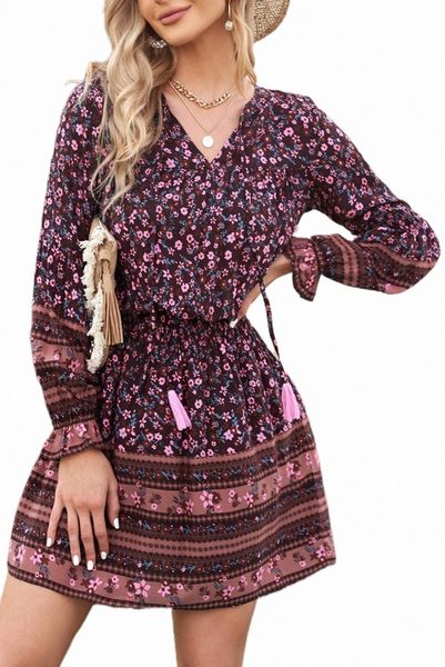 split v neck boho floral dress 2023 new 2023 new w062#, Black;pink