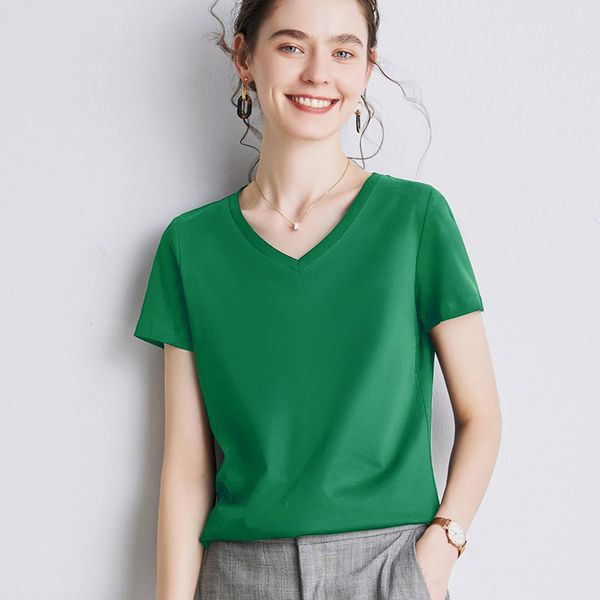 women's t-shirt summer women t-shirts double-sided mercerized cotton short-sleeved cooling v-neck elegant multicolor ladies tees 23051, White
women's t-shirt summer women t-shirts double-sided mercerized cotton short-sleeved cooling v-neck elegant multicolor ladies tees 23051, White