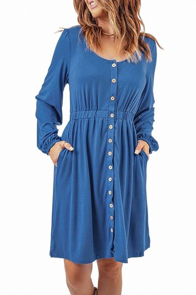 blue button up high waist long sleeve dress 2023 new 27jc#, Black;pink