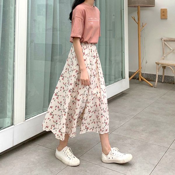 skirts vintage floral print aline pleated long women summer korean ruffles elastic waist streetwear midi chiffon female 230516, Black 
skirts vintage floral print aline pleated long women summer korean ruffles elastic waist streetwear midi chiffon female 230516, Black