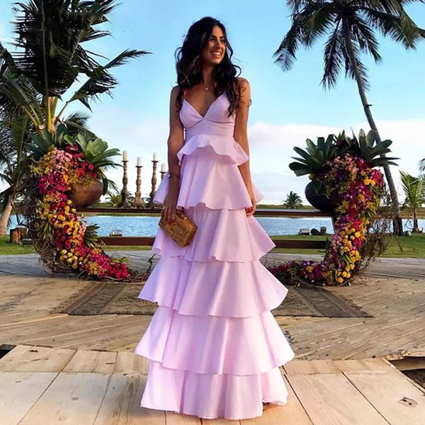 modern spaghetti straps prom dresses v neck a line tiered robes de soiree backless sweep train sleeveless party gowns, Black
modern spaghetti straps prom dresses v neck a line tiered robes de soiree backless sweep train sleeveless party gowns, Black