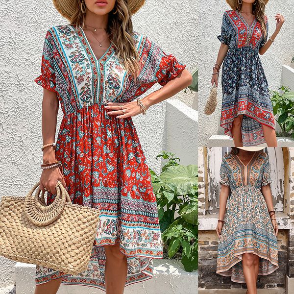 women's floral v-neck casual dress short sleeve boho summer beach long dress high low hem smocked dress women casual chiffon maxi dress, Black;gray
women's floral v-neck casual dress short sleeve boho summer beach long dress high low hem smocked dress women casual chiffon maxi dress, Black;gray