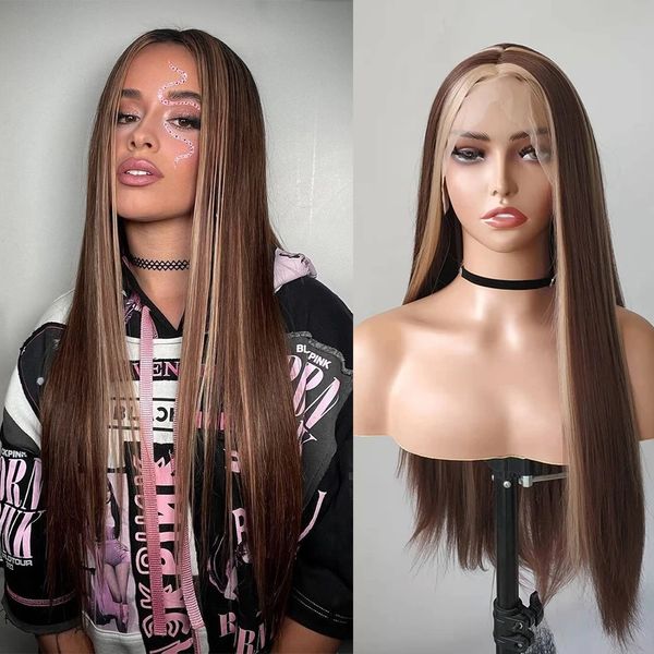 highlight brown straight synthetic lace front wig middle part long natural silk hair women daily use hairline, Black
highlight brown straight synthetic lace front wig middle part long natural silk hair women daily use hairline, Black