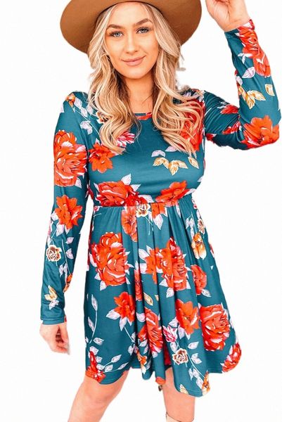 blue floral pleated long sleeves dress 2023 new b5fc#, Black;pink