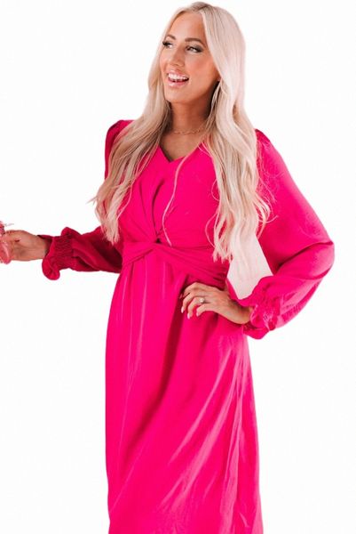 rose twist front keyhole back v neck midi dress y43g#, Black;pink