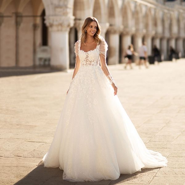 wedding dress square neck lace applique long sleeves bridal gown glittler ball gown vestido de noiva, White
wedding dress square neck lace applique long sleeves bridal gown glittler ball gown vestido de noiva, White