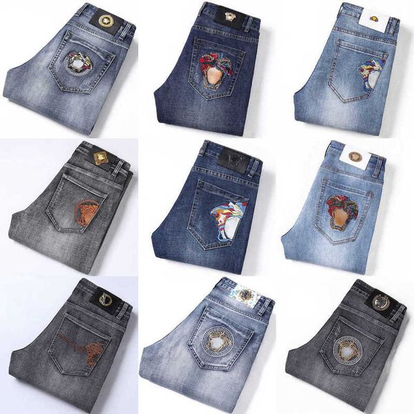 men's jeans summer thin jeans fashion medusa embroidery denim trousers designer pants mens slim fit stretch slacks zipper denim pants w, Blue
men's jeans summer thin jeans fashion medusa embroidery denim trousers designer pants mens slim fit stretch slacks zipper denim pants w, Blue