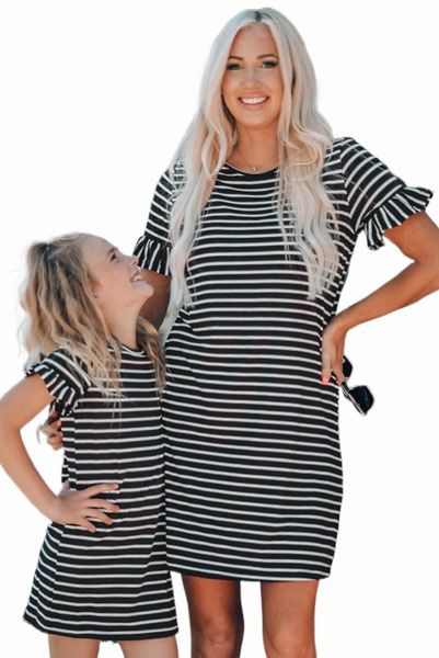 black striped t-shirt mini dress with ruffled sleeves 97ro#, Black;pink