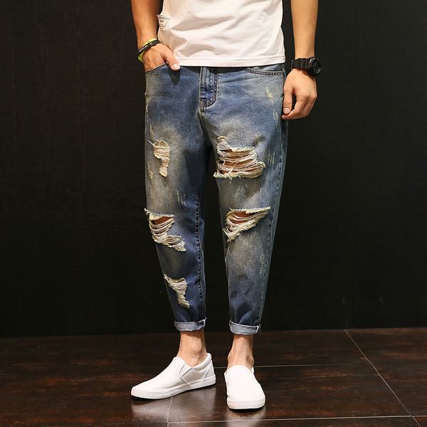 

men's jeans men baggy ripped hole denim pants male distressed harem jeans oversize 42 hip hop cropped jean pants do old style joggers a, Blue