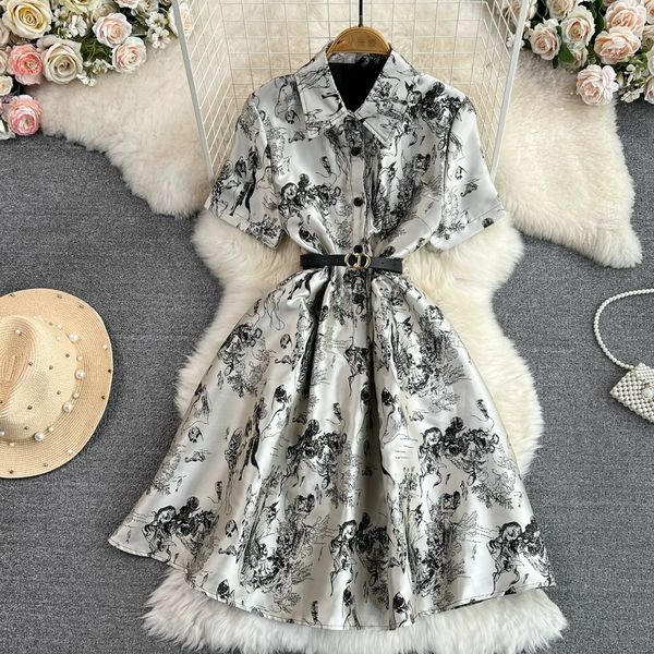 advanced design dress retro short sleeved lapel with waistband slimming a-line ink painting printed organza dress, Black;gray
advanced design dress retro short sleeved lapel with waistband slimming a-line ink painting printed organza dress, Black;gray
