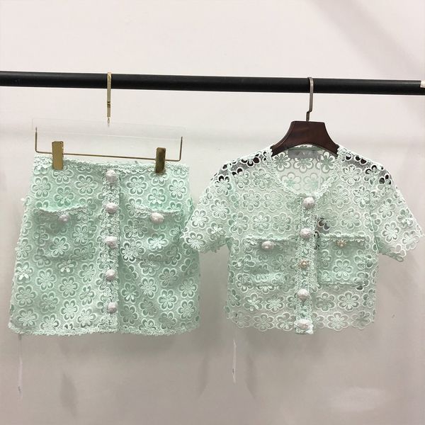 two piece dress s-elf- portrait mint green hook cut out flower lace shirt half skirt set, White
two piece dress s-elf- portrait mint green hook cut out flower lace shirt half skirt set, White