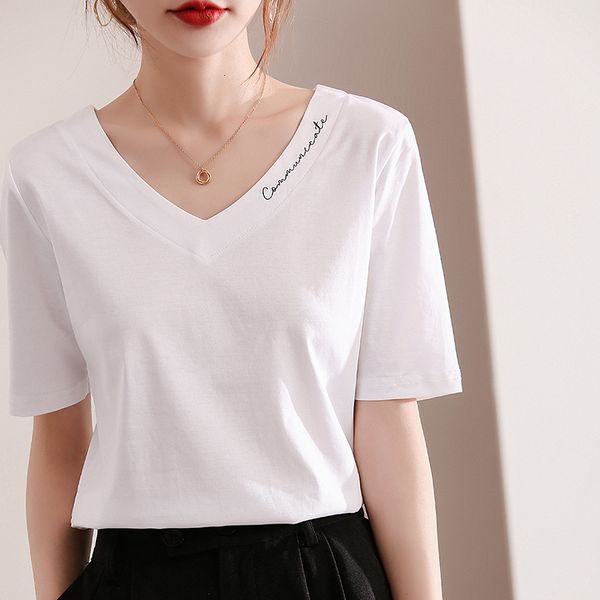 women's t-shirt summer mercerized cotton t-shirt women's short sleeve slim solid color half sleeve v-neck vest before and after 23, White
women's t-shirt summer mercerized cotton t-shirt women's short sleeve slim solid color half sleeve v-neck vest before and after 23, White