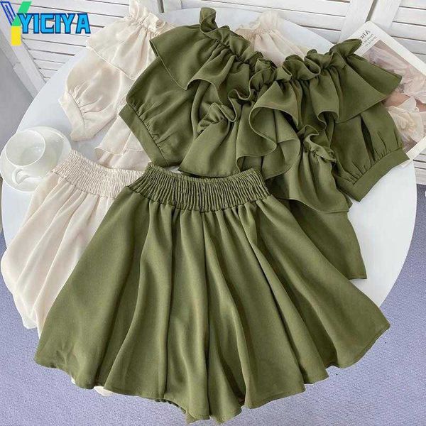 yiciya women's tracksuits temperament summer female outfits v-neck off shoulder ruffled shirt wide leg shorts 2023 fashion women casual, Gray 
yiciya women's tracksuits temperament summer female outfits v-neck off shoulder ruffled shirt wide leg shorts 2023 fashion women casual, Gray
