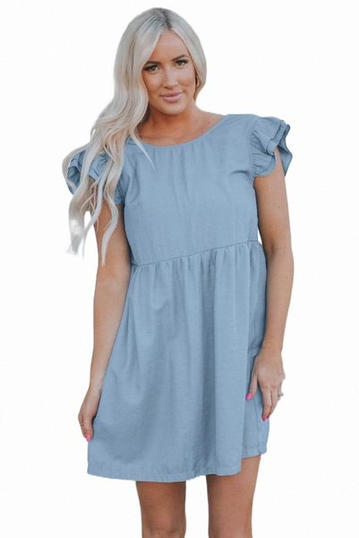 flutter sleeve ruched denim casual dress 2023 new y2u3#, Black;pink