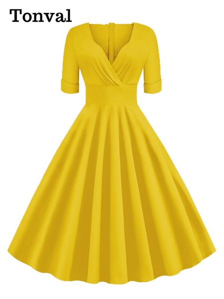 dresses tonval deep vneck evening party yellow high waist dresses elegant for women half sleeve vintage midi swing dress, Black;gray
dresses tonval deep vneck evening party yellow high waist dresses elegant for women half sleeve vintage midi swing dress, Black;gray