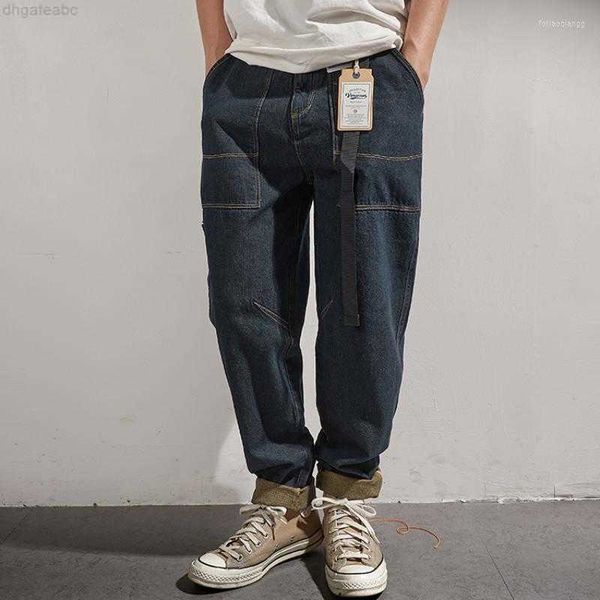 men's jeans retro work in autumn loose multi-bag straight trousers, Blue 
men's jeans retro work in autumn loose multi-bag straight trousers, Blue